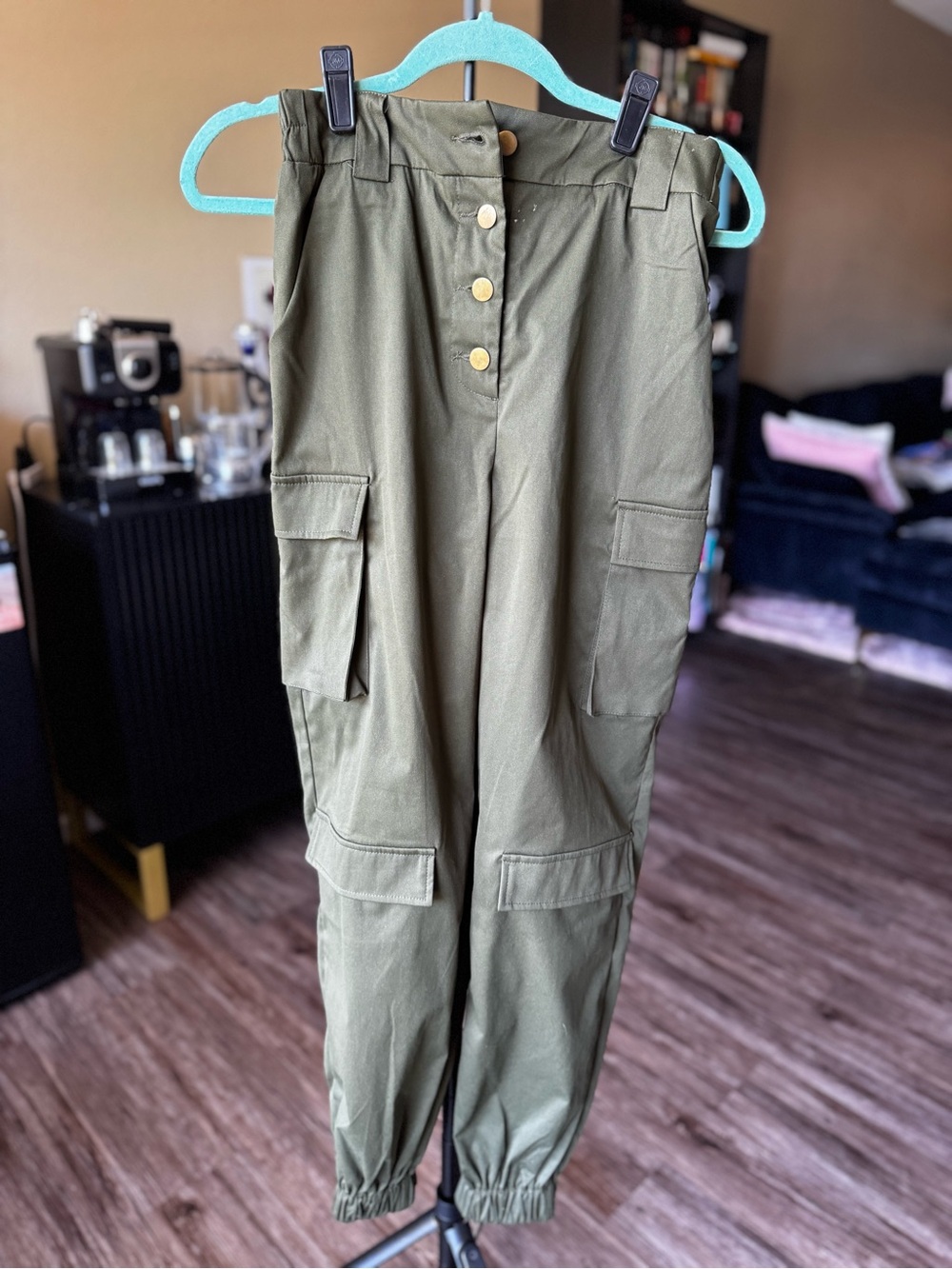 SHEIN High-Rise Olive Cargo Jogger Pants with Button Front